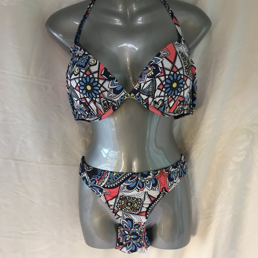 La Vie En Rose Aqua Bikini Top Large Swimsuit Top Bottom Paisley Navy Blue Coral